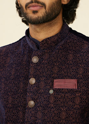 alt message - Manyavar Men Dark Blue Self-Textured Nehru Jacket image number 1